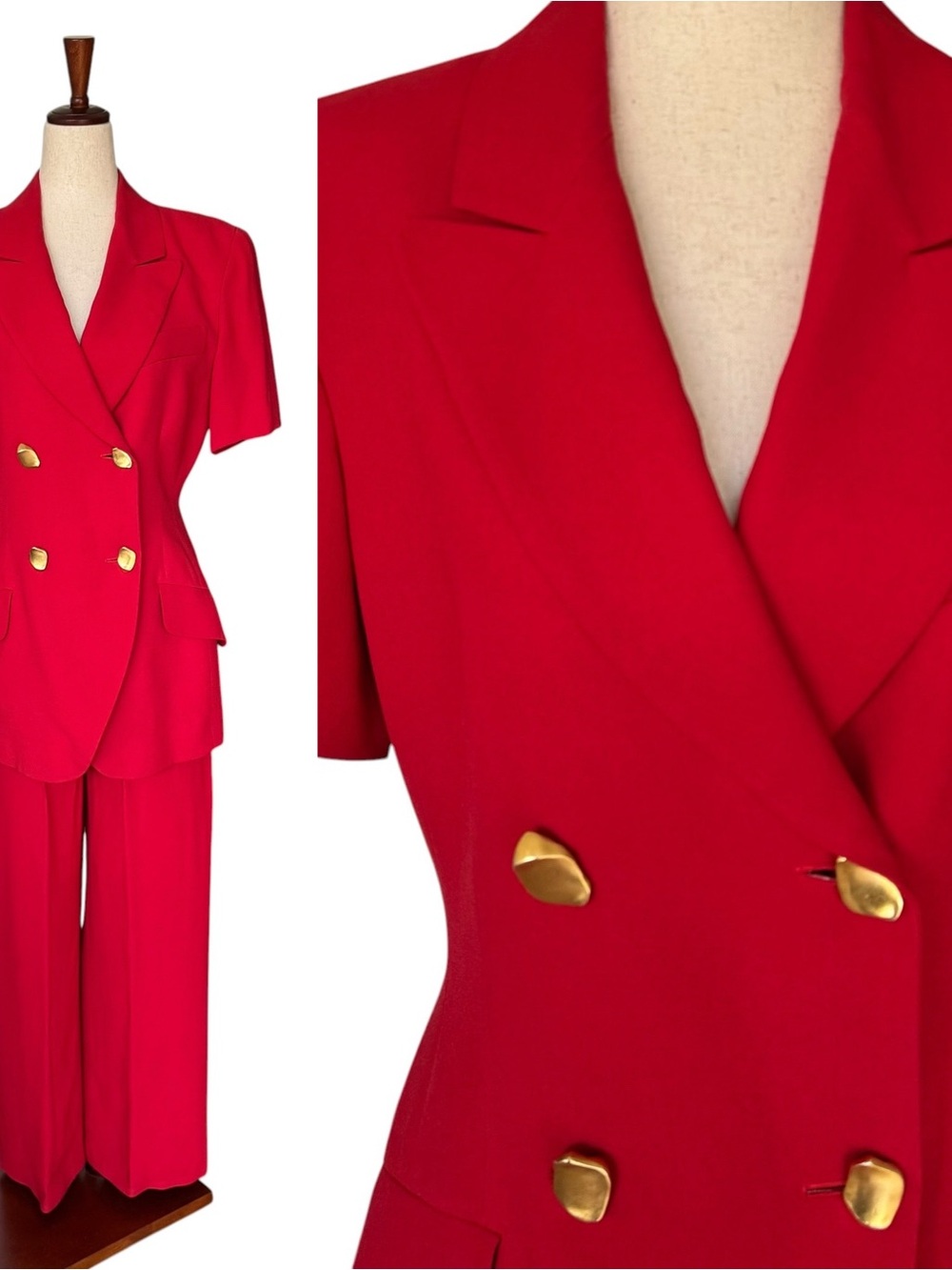 Vintage 80s Donna Karan Red Jacket Pant Suit Gold Buttons XS S